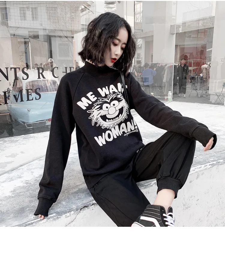 Personality popular logo hoodie woman new dark harbor style semi-high collar loose with velvet