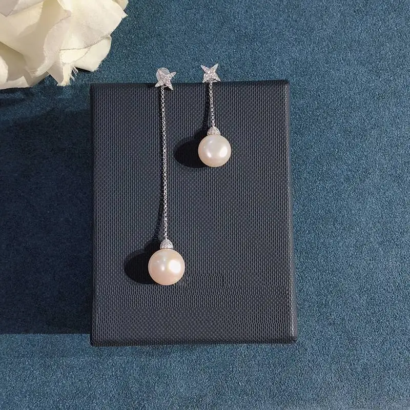 

One Piece Shell Pearl Cross Star Cuff Stud Earring Women AAA Zircon 925 Silver Ear Pin Spiral Star Long Chain Monaco Jewelry