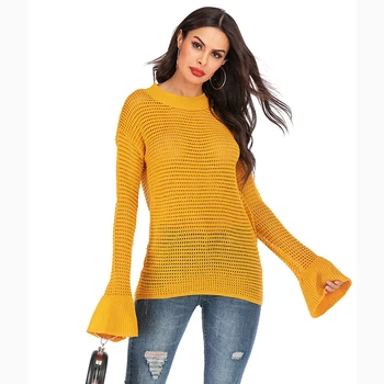 

Lucyever 2020 Spring Hollow Out Knitted Sweater Women Long Sleeve O-neck Slim Pullover Woman Fashion Solid Color Black Sweaters