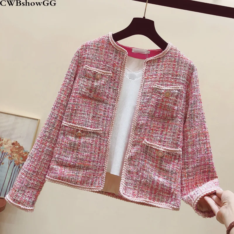 

Pink Long-Sleeved Tweed Small Fragrance Short Coat Female 2019 New Spring And Autumn Loose Casual Cardigan Short Jacket