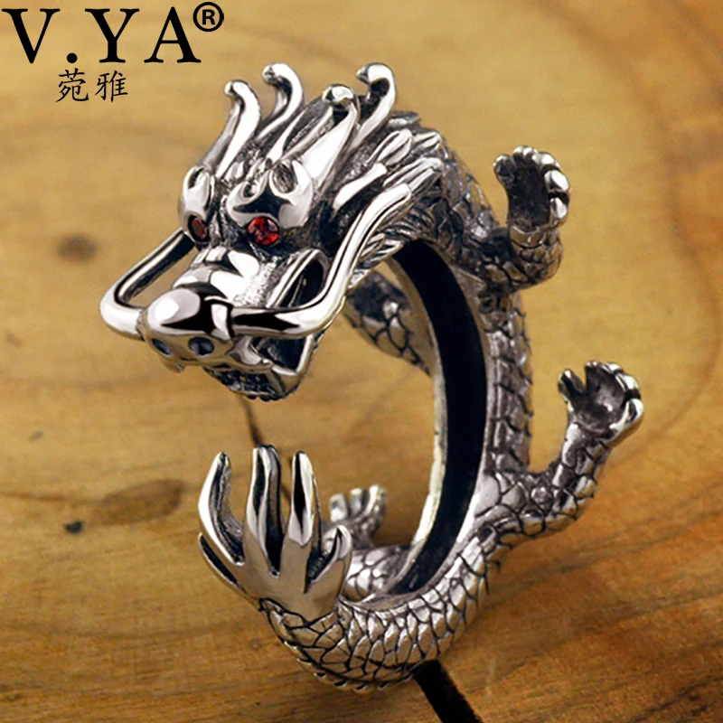

V.YA S925 Retro Vintage Dragon Ring 925 Sterling Silver Rings For Men Zodiac Adjustable Big Ring Punk Personality Jewelry
