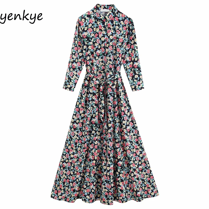 2019 женское винтажное длинное платье с цветочным принтом длинным рукавом и
