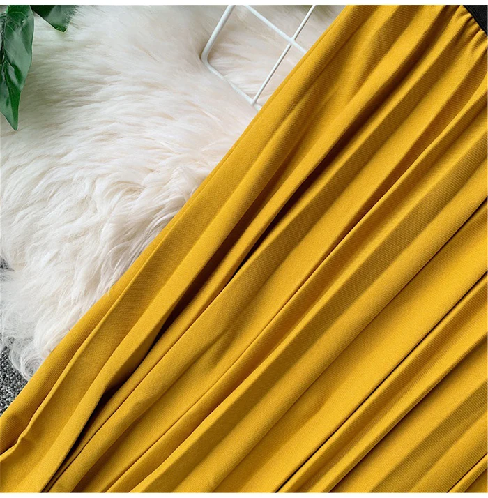 TIGENA Beautiful Patchwork Pleated Skirt Women Fashion Autumn Winter Korean High Waist Long Maxi Skirt Female Black Yellow