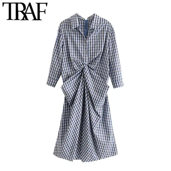 

TRAF Women Chic Fashion Plaid Draped Midi Dress Vintage Lapel Collar Half Sleeve Female Dresses Vestidos Mujer