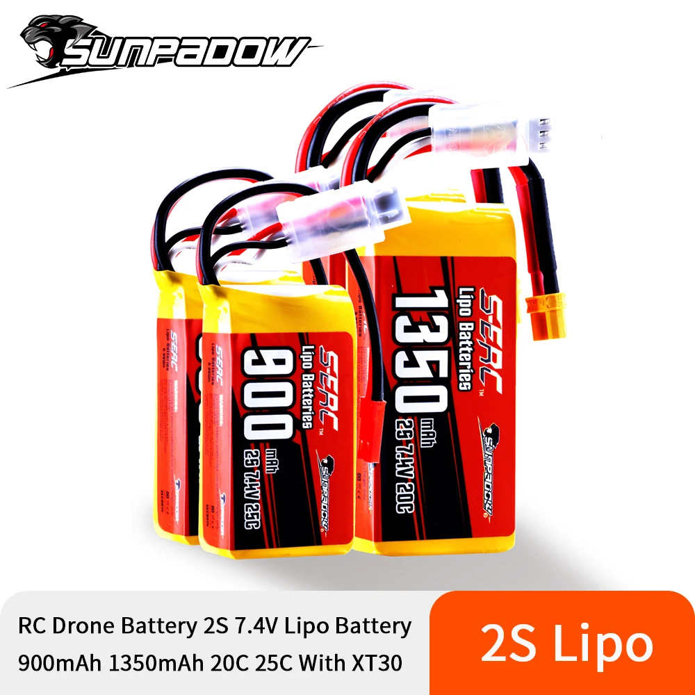 2 упаковки Sunpadow 2S 7 4 V Lipo аккумулятор 900 мАч 1350 20C 25C мягкая упаковка с разъемом JST XT30
