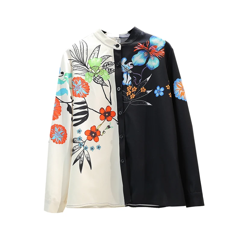 Spring 2020 New Retro Print Blouse Woman Slim-Fit Color Block Printed Stand-Collar Shirt Blouses Long-Sleeve Shirt Tops Female - 4.00068E+12