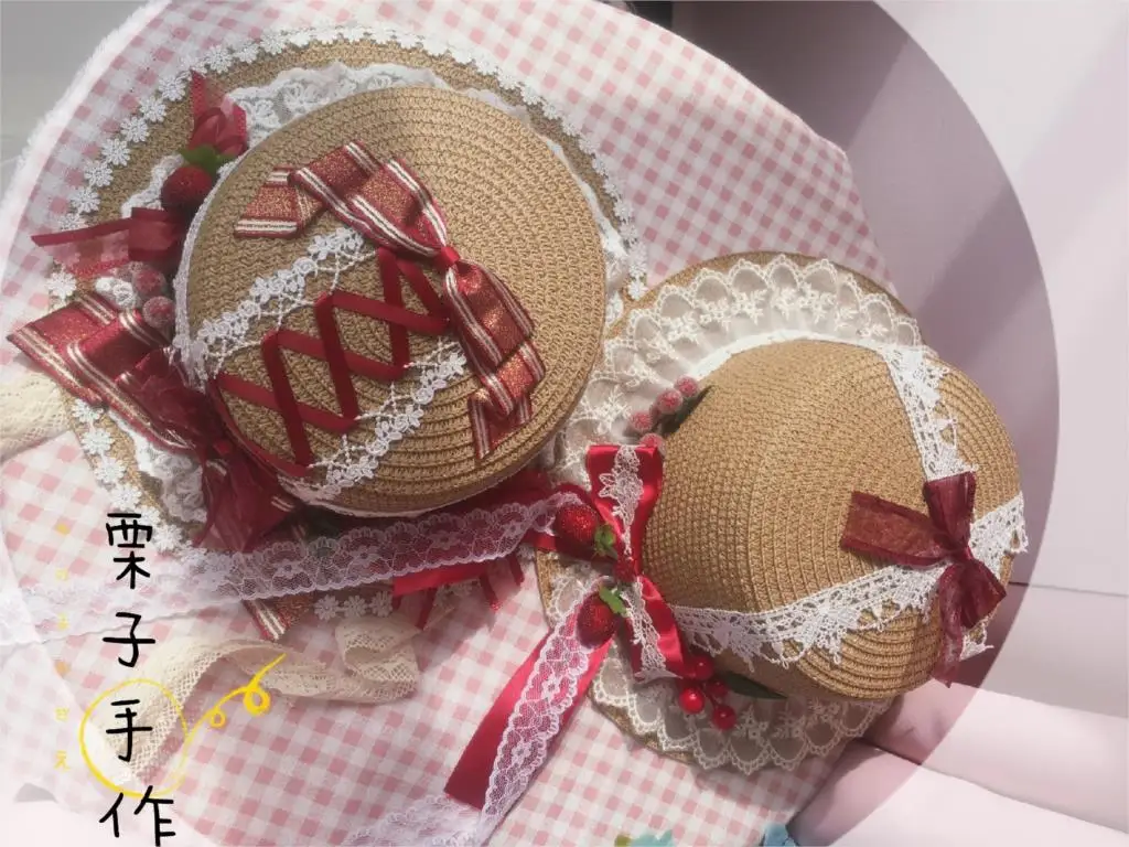 Origional Self-Made Lolita Straw Hat Strawberry Jam Pastoral Style Lace SOFT Girl Lolita Hat