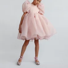 

Fashion Girl Princess Vintage Dress Child Tulle Vestido Puff Sleeve Pink Wedding Party Birthday Tutu Dress Child Girls Clothes