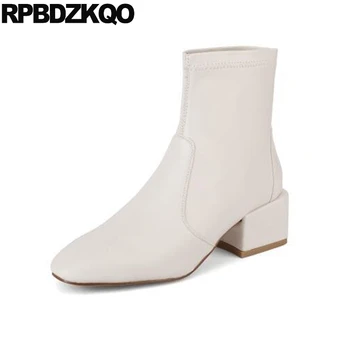 

white autumn european booties chunky fall block vintage women ankle boots medium heel suede short square toe waterproof shoes