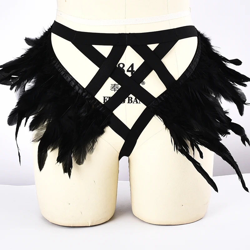 

Gothic Feather Body Harness Belt corset Lingerie Top Cage Bra Set &Feather Thong Harness Sexy G-string Panties