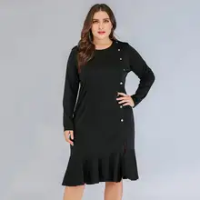 Осеннее женское платье большого размера с длинными рукавами и пуговицами, платье большого размера, черное офисное платье с оборками, большие размеры, Повседневное платье