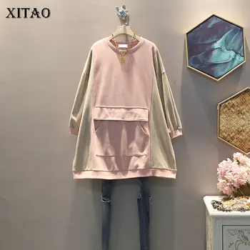 

XITAO Patchwork Big Pocket Sweatshirt Plus Size Hit Color Loose Women Clothes 2019 Fashion Oversized Sweatshirt Top New WLD3019