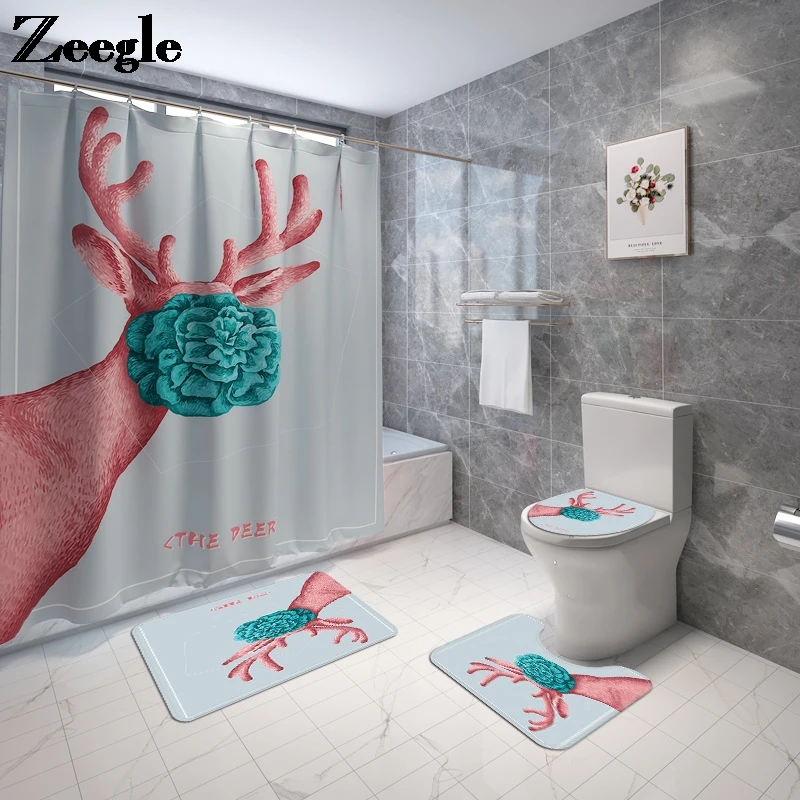 Animal Printed Microfiber Bathroom Carpet Bath Mat and Shower Curtain Set Toilet Seat Cover Mat Bathroom Non-slip Mat Set