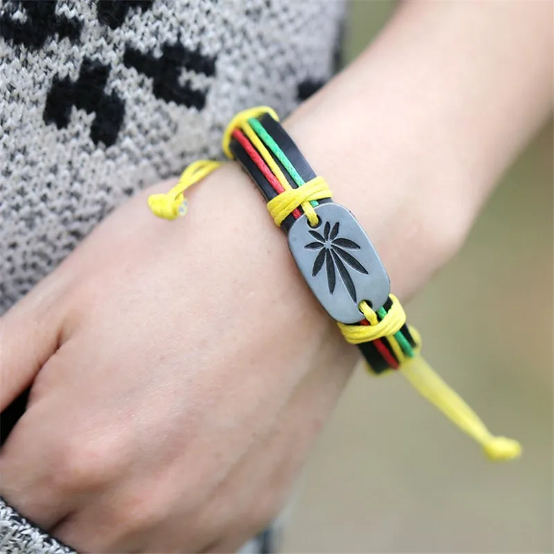 Korea Fashion Jamaica Reggae Red Yellow Green Hemp Leaf Bracelets Leather Jewelry Hip Hop Street Dance Bracelet Men's Wristband |