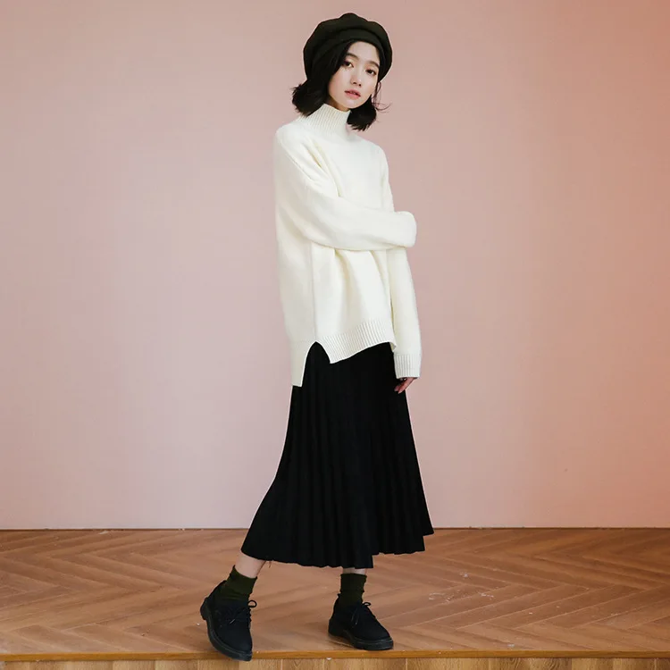

Photo Shoot Korean-style Half-Turtle-Neck Sweater Women's Pullover Sweater + Pleat Woolen Semi-Peak Skirt