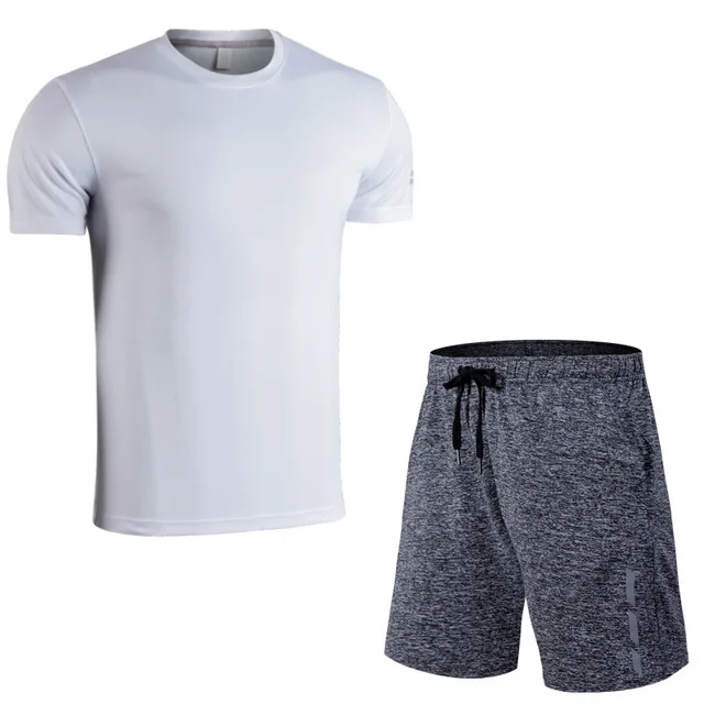 white grey Мужские футболки+ шорты быстросохнущая сетка ткань наборы для бега летняя спортивная одежда дышащая одежда тренировки Спорт Фитнес спортивные костюмы - Цвет: white grey