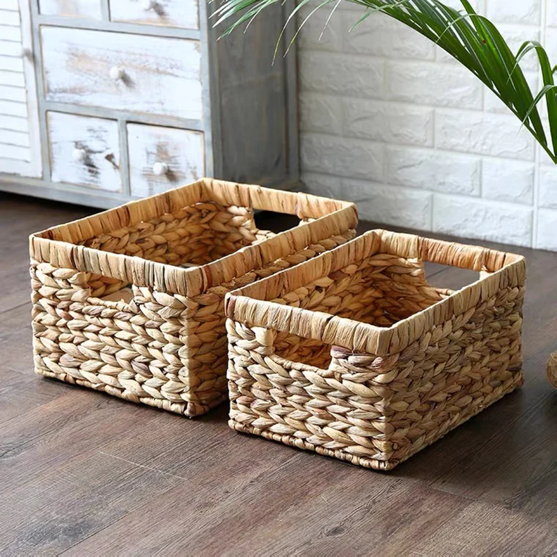 

Storage Baskets Containers Desktop Natural Water Hyacinth Rectangular Storage Bins Organizer Box woven Straw Baskets