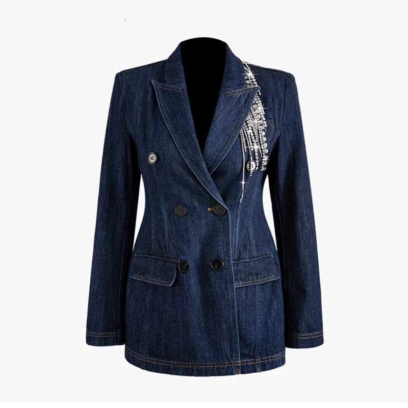 GALCAUR Patchwork Crystal Tassel Women's Blazer Notched Long Sleeve Double Breasted Tunic Denim Coats Female Fashion New