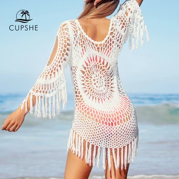 CUPSHE White Crochet Bikini Cover Up with Fringe Trim Women Sexy Hollow Tunic Beach Dress 2021 Summer Bathing Suit Beachwear 2
