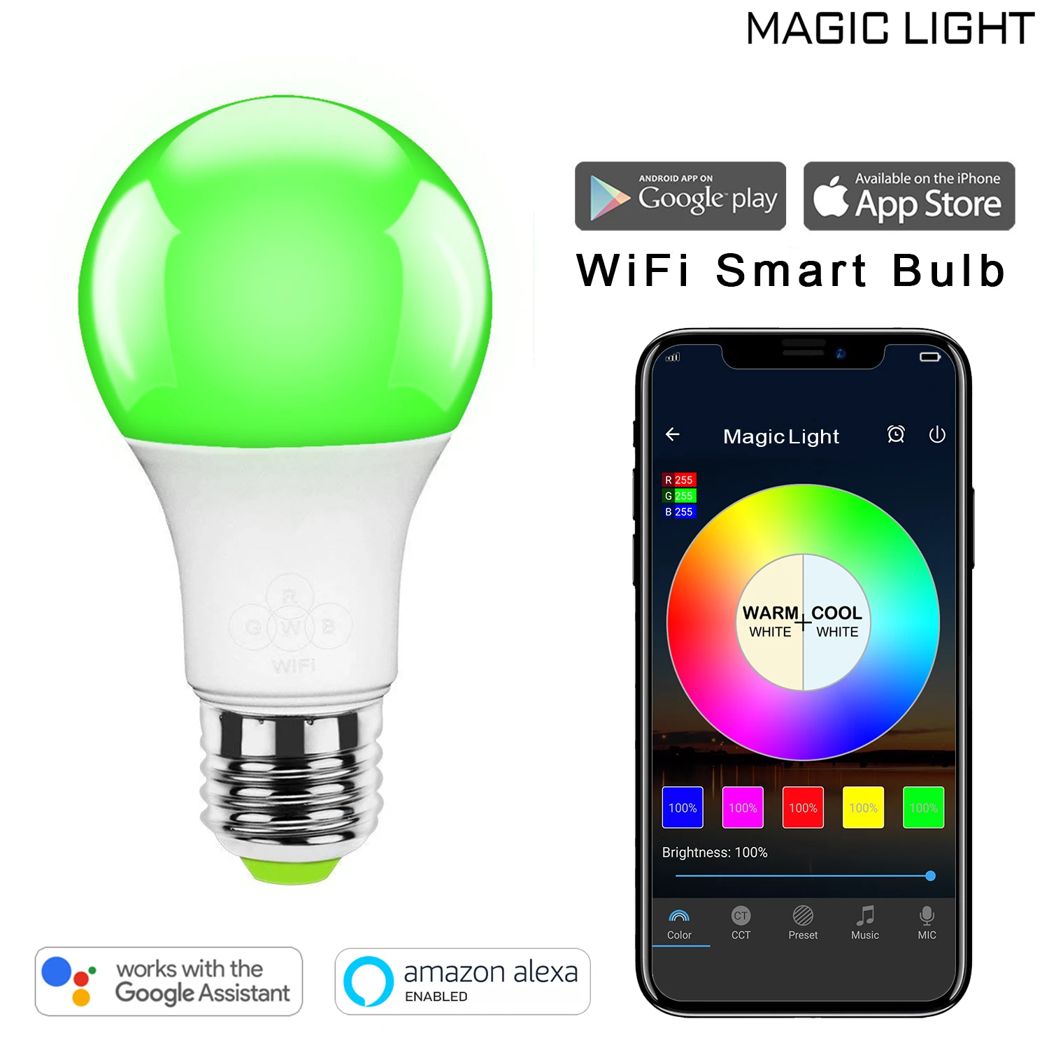

MagicLight WiFi Smart Light Bulb, Dimmable, Multicolor, Wake-up Lights, No Hub Required, Compatible with Alexa Google Home Siri