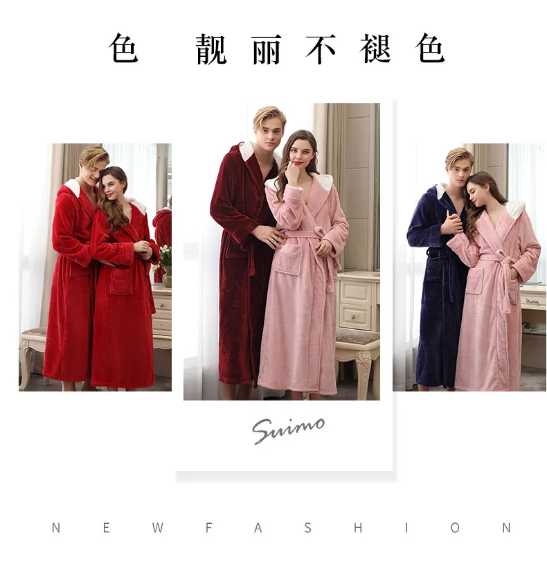 Couple Pajamas Winter Hooded Bathrobe Long Thick Flannel Couple Bathrobe Loose Plus Size Pajamas Home Clothes Sleepwear