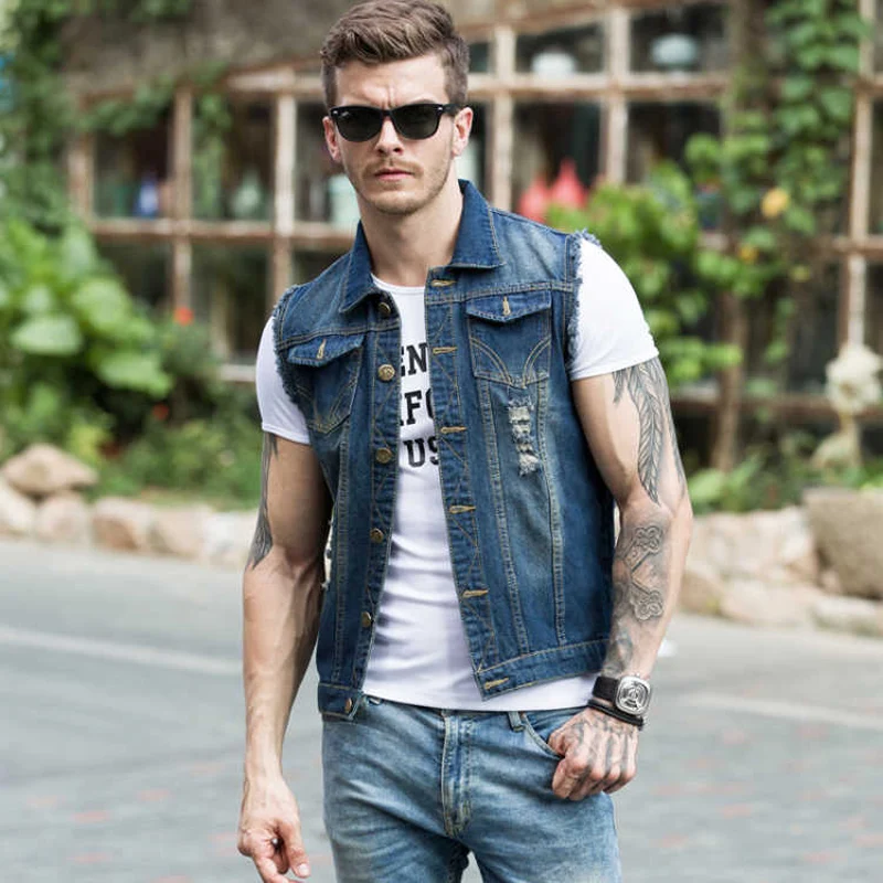 Streetwear Fashion Men Vest Retro Blue 