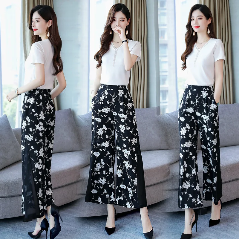 

Floral Print Wide Leg Pants Trousers 2019 Summer New Style Short Sleeve V-neck Chiffon Tops Set