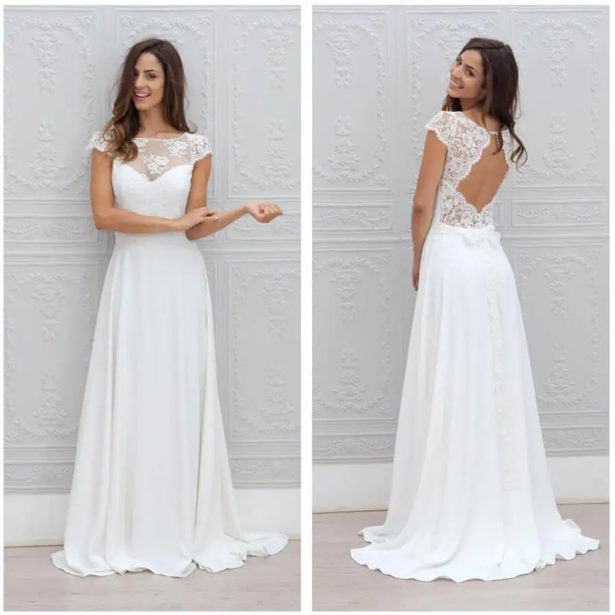 

2019 Beach A Line Wedding Dresses Chiffion Sweep Train Sexy Backless Plus Size Boho Bridal Gowns With Bow