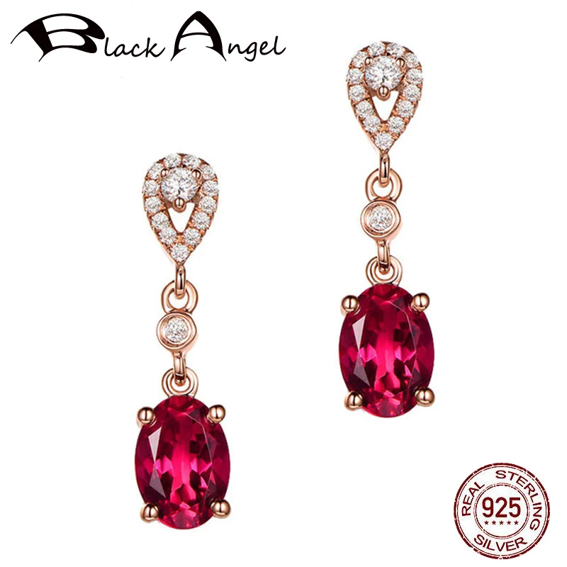 

BLACK ANGEL 18K Rose Gold Ruby Drop Earrings For Women 925 Sterling Silver Red Gemstone Earrings Wedding Jewelry Wholesale