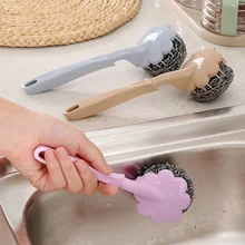 Проволочная шариковая щетка из нержавеющей стали с длинной ручкой, кухонная подвесная щетка для очистки, кухонная ручка для посуды, инструмент для мытья