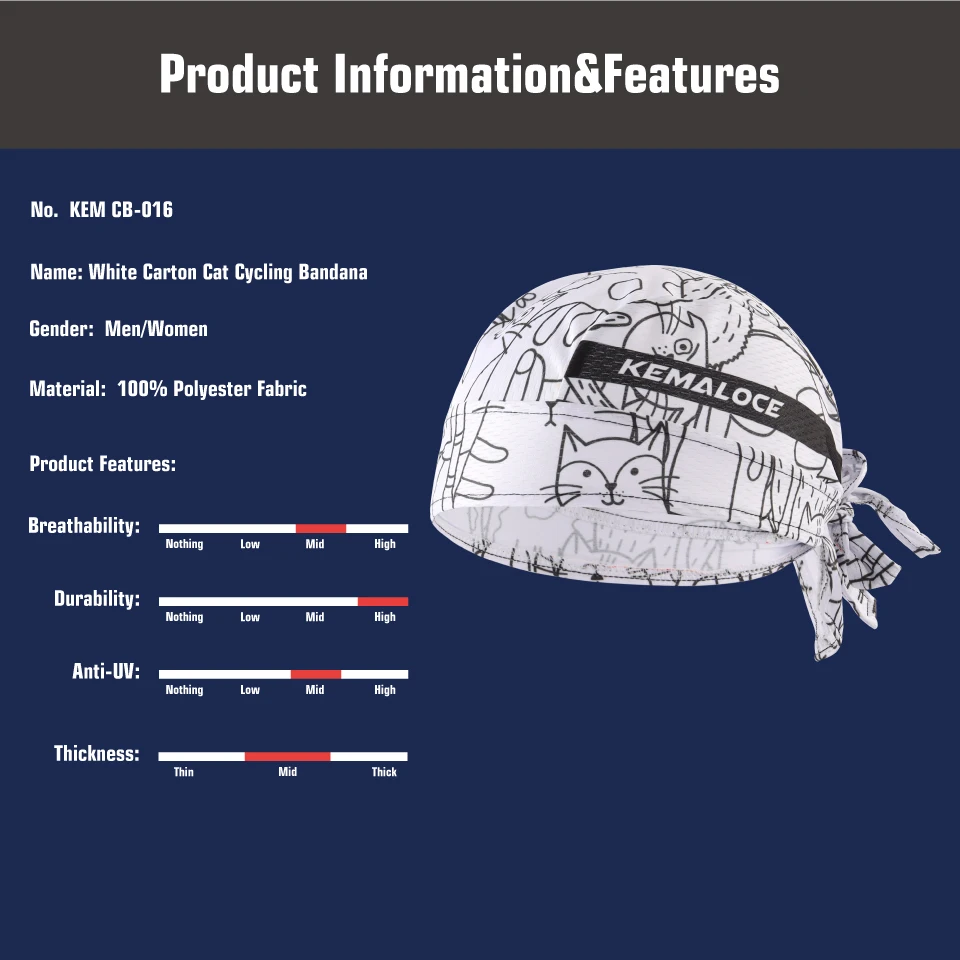 KAMALOCE UV Protection Cycling Cap Team Men Summer Full Sublimation MTB Bike Scarf White Cartoon Cat Bicycle Hat Cycle Bandana 3