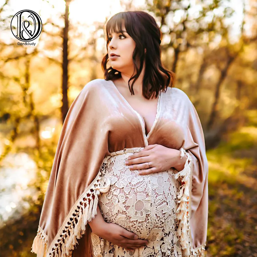 Don&Judy Maternity Dresses Sexy V-neck Pregnant Women Velvet Maxi Gown Dress Pregnancy Split on Both Sides Dress for Photo Shoot
