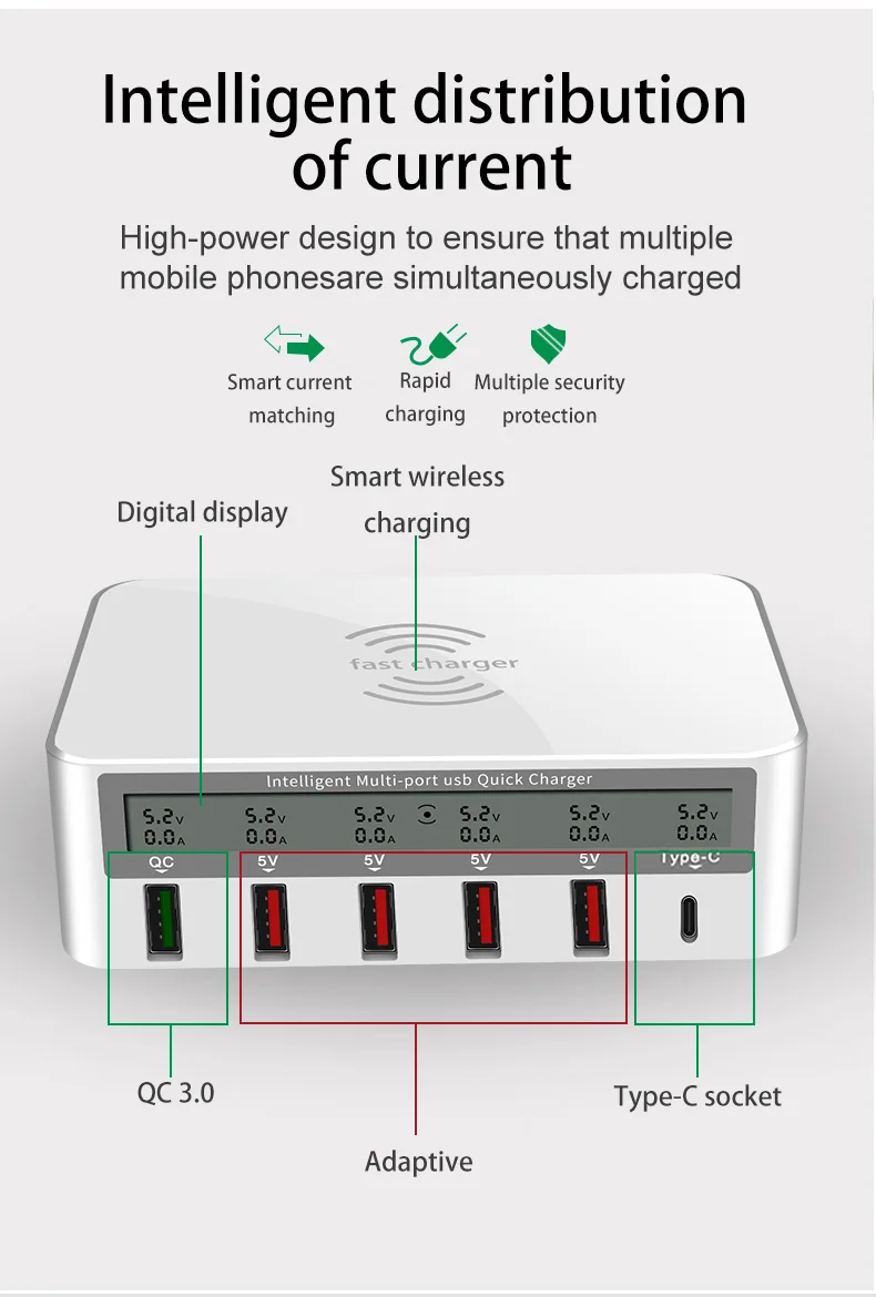Wireless USB Fast Charger Station Multiple LCD Digital Display Adapter MultiPort USB Charging Plug for Mobile Phones