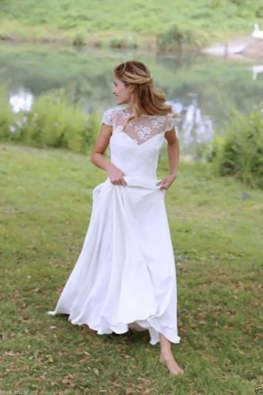 Vestido de noiva praia, открытая спина, кружево и шифон, Пляжное,, вечернее свадебное платье, длинное, дешевое, кружевное платье для матери невесты