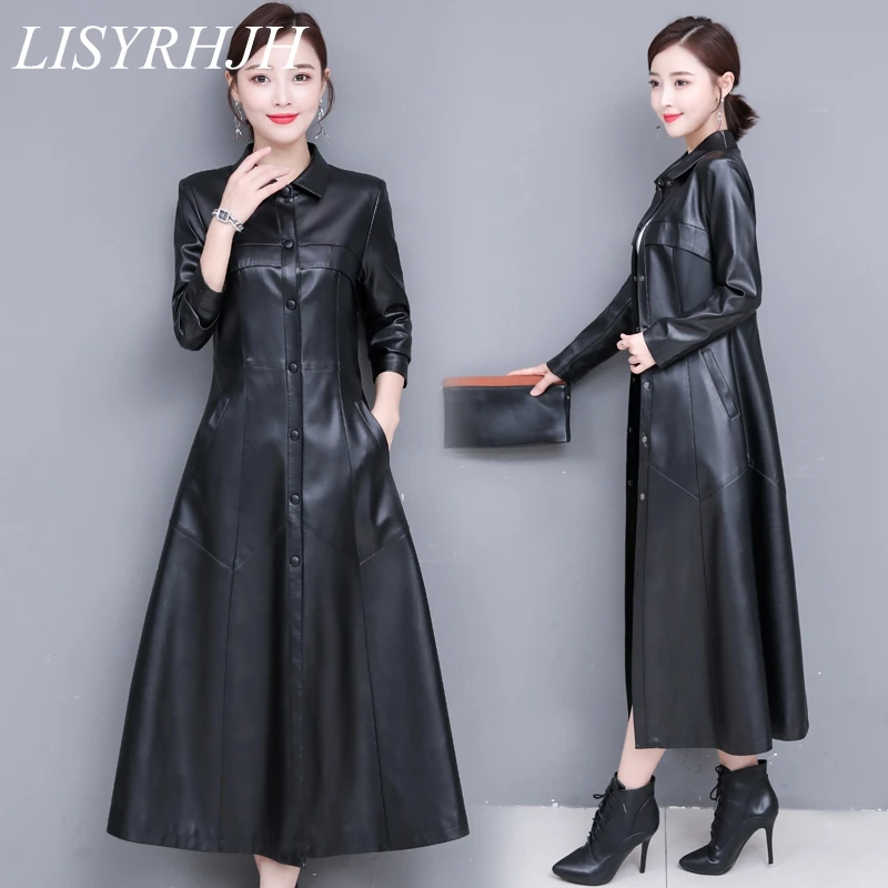 Длинная кожаная куртка женская модная куртка женская L-5XL плюс размер отложной воротник с одной крытой пуговицей верхняя одежда черный красный армейский зеленый