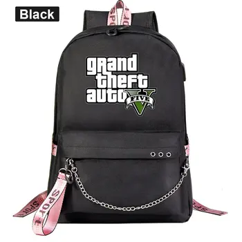 

Grand Theft Auto USB Backpack School Bags Black Pink Mochila Travel Bags Laptop Chain Backpack Headphone USB Port
