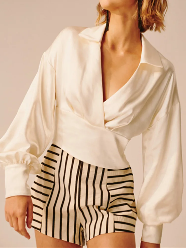 

2019 Autumn Winter Women Blouse Deep V Retro Puff Sleeve Ladies Long-sleeved Shirt Female Tops