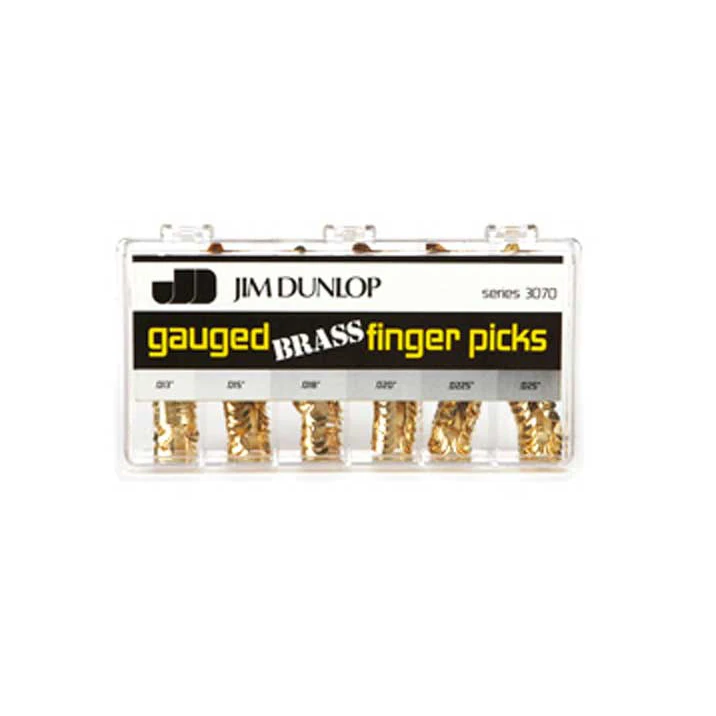 3070 Brass Коробка медиаторов на палец 120шт, латунь, 6 толщин, Dunlop