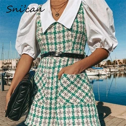Snican macacão xadrez tweed com bolsos na moda., roupa feminina casual macacão com gola turn down e manga harf za 2020.