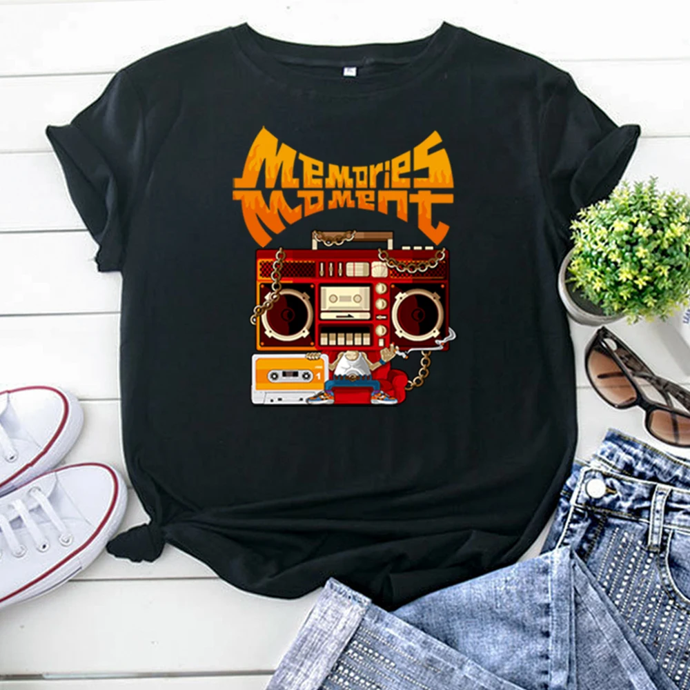 Cartoon Image Womens T-Shirt Of Radio Tape Funny Print T Shirts For Women Goth Vintage Woman Tshirts Fashion Gothic Clothing