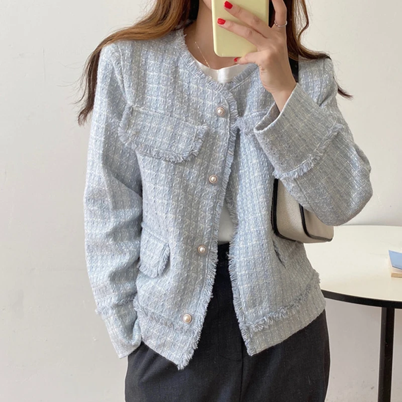 

Vintage Feminine Tweed Jacket 2020 New Korean Elegant Office Lady O-neck Single Breasted Autumn Woolen Coat Short Jackets