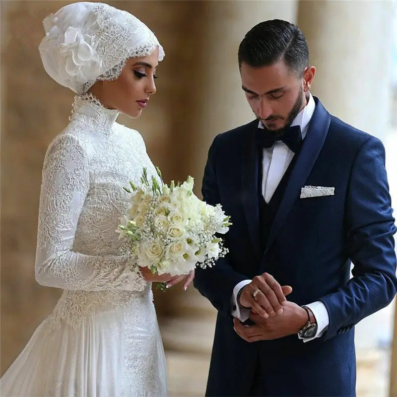

New Style High Neck Long Sleeve White Lace A Line Muslim Wedding Dress Size Midest Sudria Wedding Bride Gown vestido de noiva