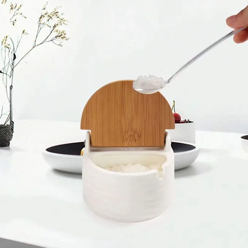 Sugar Bowl, Ceramic Sugar Bowl with Sugar Spoon and Bamboo Lid for Home and Kitchen- Modern Design, White, 8.58 FL OZ(254 ML