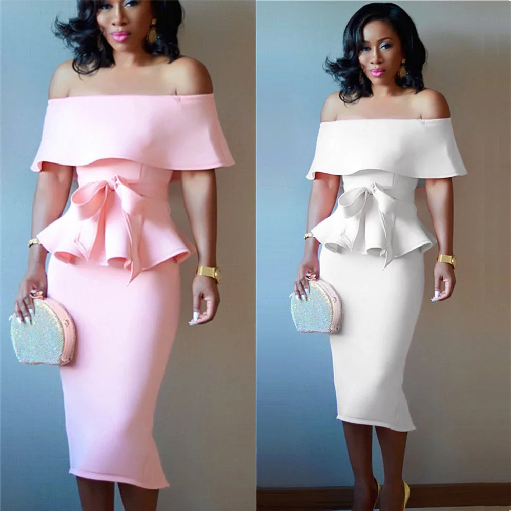 

2019 Summer New Arrival Off Shoulder Bowtie Ruffles Eplum Pencil Dress Icecream Color Seperate 2 Pieces Slim Mid Dress Vestidos
