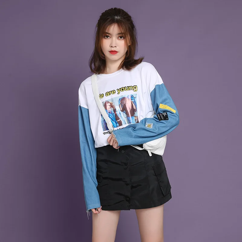 OffWhite Boyfriend осенние женские толстовки с модным принтом джинсы с лоскутным рукавом толстовки свободные тонкие толстовки уличная одежда Топ желтый белый - Цвет: OffWhite