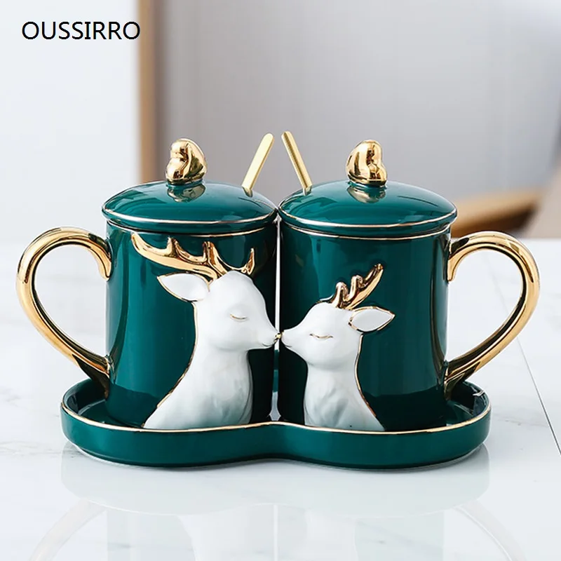 

OUSSIRRO 2Pcs/Set Creative Ceramic Couple Cup Love Mug with Spoon Tray Lid Valentine's Day Wedding Birthday Gifts With Gift Box
