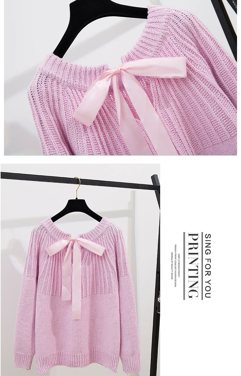 bow lantern sleeve knitted pullovers a word skirt of tall waist gauze fairy skirts leisure suit women 2 pcs clothing set