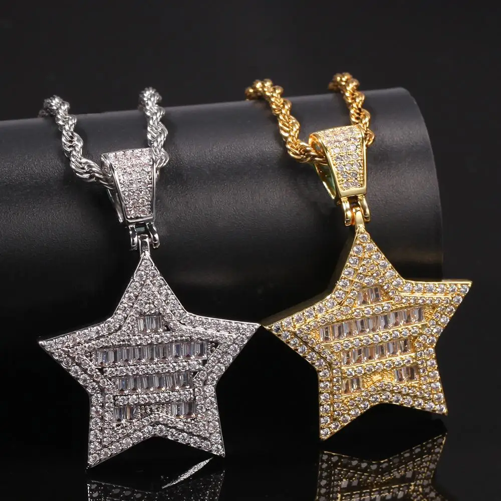 

Men Hip hop five-pointed star Pendant Necklaces High quality AAA Zircon Fashion charm necklace hiphop jewelry for unisex Gifts