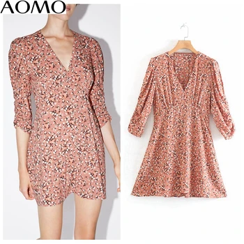 

AOMO fashion women floral print summer dress v neck puff sleeve ladies vintage tunic dress for summer 2W109A