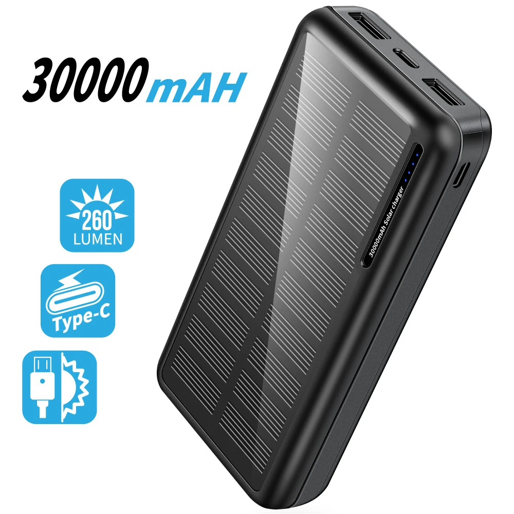 

30000mAh Solar Power Bank Portable Mobile Phones Charger External Battery Powerbank for Xiaomi iPhone 14 Samsung S22 Poverbank